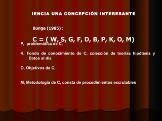 CIENCIA UNA CONCEPCIÓN INTERESANTE Bunge (1985) : C = ( W, S, G, F, D, B, P, K, O, M) P,  problemática de C,  K, Fondo de conocimiento de C, colección de teorías hipótesis y  D atos al día  O, Objetivos de C,  M, Metodología de C, consta de procedimientos escrutables  
