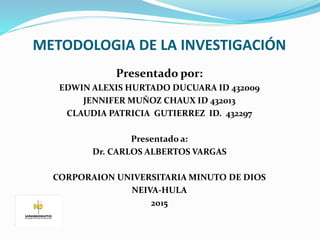 METODOLOGIA DE LA INVESTIGACIÓN
Presentado por:
EDWIN ALEXIS HURTADO DUCUARA ID 432009
JENNIFER MUÑOZ CHAUX ID 432013
CLAUDIA PATRICIA GUTIERREZ ID. 432297
Presentado a:
Dr. CARLOS ALBERTOS VARGAS
CORPORAION UNIVERSITARIA MINUTO DE DIOS
NEIVA-HULA
2015
 