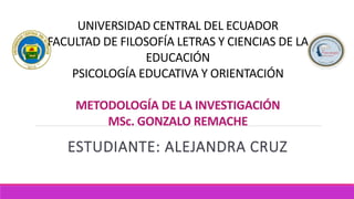 UNIVERSIDAD CENTRAL DEL ECUADOR
FACULTAD DE FILOSOFÍA LETRAS Y CIENCIAS DE LA
EDUCACIÓN
PSICOLOGÍA EDUCATIVA Y ORIENTACIÓN
METODOLOGÍA DE LA INVESTIGACIÓN
MSc. GONZALO REMACHE
ESTUDIANTE: ALEJANDRA CRUZ
 