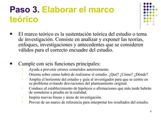 Paso 3.  Elaborar el marco te órico El marco teórico es la sustentación teórica del estudio o tema de investigación. Consiste en analizar y exponer las teorías, enfoques, investigaciones y antecedentes que se consideren válidos para el correcto encuadre del estudio. Cumple con seis funciones principales: Ayuda a prevenir errores cometidos anteriormente. Orienta sobre cómo habrá de realizarse el estudio. ¿Qué? ¿Cómo? ¿Dónde? Amplía el horizonte del estudio y guía al investigador para que se centre en su problema evitando desviaciones del planteamiento original. Conduce al establecimiento de hipótesis o afirmaciones que más tarde habrán de someterse a prueba en la realidad. Inspira nuevas líneas y áreas de investigación. Provee de un marco de referencia para interpretar los resultados del estudio. 