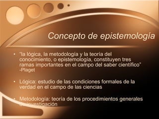 Concepto de epistemología  “ la lógica, la metodología y la teoría del conocimiento, o epistemología, constituyen tres ramas importantes en el campo del saber científico” -Plaget Lógica: estudio de las condiciones formales de la verdad en el campo de las ciencias Metodología: teoría de los procedimientos generales de investigación 