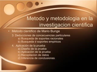 Metodo cientifico de Mario Bunge 3. Deducciones de concecuencias particulares a) Busqueda de soportes racionales b) Busqueda d soportes empiricos 4.  Aplicación de la prueba a) Diseño de la prueba b) Aplicación de la prueba c) Recopilacion de datos d) Inferencia de conclusiones Metodo y metodologia en la investigacion cientifica 