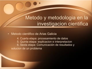 Metodo cientifico de Arias Galicia 4. Cuarta etapa: procesamiento de datos 5. Quinta etapa: explicacion e interpretacion 6. Sexta etapa: Comunicación de resultados y  solucion de un problema Metodo y metodologia en la investigacion cientifica 