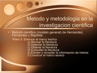 Metodo cientifico (modelo general) de Hernandez, Fernandez y Baptista -Paso 3. Elaborar el marco teorico a) Revisar la literatura b) Detectar la literatura c) Obtener la literatura d) Consultar la literatura e) Extraer y recopilar la informacion de interes f) Construir el marco teorico Metodo y metodologia en la investigacion cientifica 