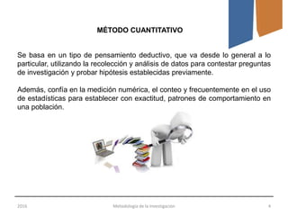 2016 Metodología de la Investigación 4
Se basa en un tipo de pensamiento deductivo, que va desde lo general a lo
particular, utilizando la recolección y análisis de datos para contestar preguntas
de investigación y probar hipótesis establecidas previamente.
Además, confía en la medición numérica, el conteo y frecuentemente en el uso
de estadísticas para establecer con exactitud, patrones de comportamiento en
una población.
MÉTODO CUANTITATIVO
 
