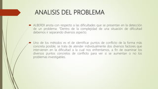 ANALISIS DEL PROBLEMA
 ALBERDI anota con respecto a las dificultades que se presentan en la detección
de un problema: “Dentro de la complejidad de una situación de dificultad
debemos ir separando diversos aspecto.
 Uno de los métodos es el de identificar puntos de conflicto de la forma más
concreta posible; se trata de atender individualmente dos diversos factores que
intervienen en la dificultad a la cual nos enfrentamos, a fin de examinar los
diversos puntos concretos de conflicto para ver si se aumentan o no los
problemas investigables.
 