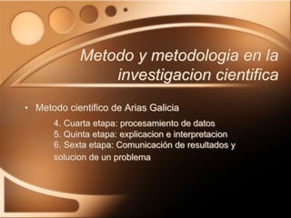 • Metodo cientifico de Arias Galicia
4. Cuarta etapa: procesamiento de datos
5. Quinta etapa: explicacion e interpretacion
6. Sexta etapa: Comunicación de resultados y
solucion de un problema
Metodo y metodologia en la
investigacion cientifica
 