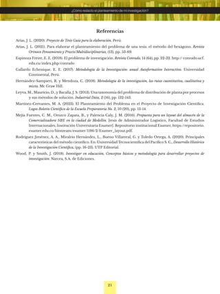 21
¿Cómo redacto el planteamiento de mi investigación?
Referencias
Arias, J. L. (2020). Proyecto de Tesis Guía para la elaboración. Perú.
Arias, J. L. (2021). Para elaborar el planteamiento del problema de una tesis: el método del hexágono. Revista
Orinoco Pensamiento y Praxis/Multidisciplinarias, (13), pp. 53-69.
Espinoza Freire, E. E. (2018). El problema de investigación. Revista Conrado, 14 (64), pp. 22-32. http:// conrado.ucf.
edu.cu/index.php/conrado
Gallardo Echenique, E. E. (2017). Metodología de la Investigación: anual Autoformativo Interactivo. Universidad
Continental, Perú.
Hernández-Sampieri, R. y Mendoza, C. (2018). Metodología de la investigación, las rutas cuantitativa, cualitativa y
mixta. Mc Graw Hill.
Leyva, M., Mauricio, D., y Bacalla, J. S. (2013). Una taxonomía del problema de distribución de planta por procesos
y sus métodos de solución. Industrial Data, 2 (16), pp. 132-143.
Martínez-Cervantes, M. A. (2023). El Planteamiento del Problema en el Proyecto de Investigación Científica.
Logos Boletín Científico de la Escuela Preparatoria No. 2, 10 (20), pp. 13-14.
Mejía Fuentes, C. M., Orozco Zapata, B., y Palencia Caly, J. M. (2016). Propuesta para un layout del almacén de la
Comercializadora S&E en la ciudad de Medellín. [tesis de Administrador Logístico, Facultad de Estudios
Internacionales, Institución Universitaria Esumer]. Repositorio institucional Esumer, https://repositorio.
esumer.edu.co/bitstream/esumer/1186/2/Esumer_layout.pdf.
Rodríguez Jiménez, A. A., Miralrío Hernández, L., Bueno Villarreal, G. y Toledo Ortega, A. (2020). Principales
características del método científico. En: Universidad Tecnocientífica del Pacífico S. C., Desarrollo Histórico
de la Investigación Científica, (pp. 16-23). UTP Editorial.
Wood, P. y Smith, J. (2018). Investigar en educación, Conceptos básicos y metodología para desarrollar proyectos de
investigación. Narcea, S.A. de Ediciones.
 