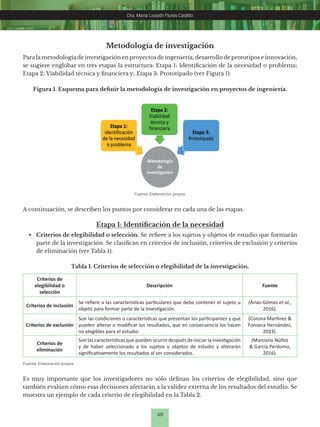 49
Dra. Maria Lisseth Flores Cedillo
Dra. Maria Lisseth Flores Cedillo
Metodología de investigación
Para la metodología de investigación en proyectos de ingeniería, desarrollo de prototipos e innovación,
se sugiere englobar en tres etapas la estructura: Etapa 1: Identificación de la necesidad o problema;
Etapa 2: Viabilidad técnica y financiera y; Etapa 3: Prototipado (ver Figura 1).
Figura 1. Esquema para definir la metodología de investigación en proyectos de ingeniería.
Fuente: Elaboración propia.
A continuación, se describen los puntos por considerar en cada una de las etapas.
Etapa 1: Identificación de la necesidad
• Criterios de elegibilidad o selección. Se refiere a los sujetos y objetos de estudio que formarán
parte de la investigación. Se clasifican en criterios de inclusión, criterios de exclusión y criterios
de eliminación (ver Tabla 1).
Tabla 1. Criterios de selección o elegibilidad de la investigación.
Criterios de
elegibilidad o
selección
Descripción Fuente
Criterios de inclusión
Se refiere a las características particulares que debe contener el sujeto u
objeto para formar parte de la investigación.
(Arias-Gómez et al.,
2016).
Criterios de exclusión
Son las condiciones o características que presentan los participantes y que
pueden alterar o modificar los resultados, que en consecuencia los hacen
no elegibles para el estudio.
(Corona Martínez &
Fonseca Hernández,
2023).
Criterios de
eliminación
Son las características que pueden ocurrir después de iniciar la investigación
y de haber seleccionado a los sujetos u objetos de estudio y alterarán
significativamente los resultados al ser considerados.
(Manzano Núñez
& García Perdomo,
2016).
Es muy importante que los investigadores no sólo definan los criterios de elegibilidad, sino que
también evalúen cómo esas decisiones afectarán a la validez externa de los resultados del estudio. Se
muestra un ejemplo de cada criterio de elegibilidad en la Tabla 2.
Fuente: Elaboración propia.
 