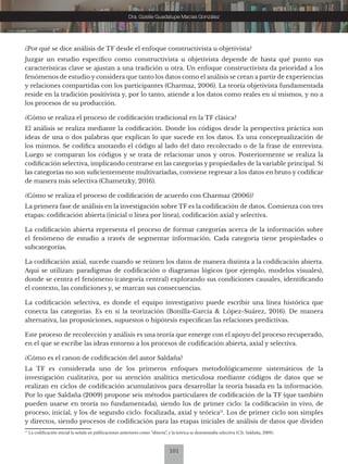 101
Dra. Gizelle Guadalupe Macías González
¿Por qué se dice análisis de TF desde el enfoque constructivista u objetivista?
Juzgar un estudio específico como constructivista u objetivista depende de hasta qué punto sus
características clave se ajustan a una tradición u otra. Un enfoque constructivista da prioridad a los
fenómenos de estudio y considera que tanto los datos como el análisis se crean a partir de experiencias
y relaciones compartidas con los participantes (Charmaz, 2006). La teoría objetivista fundamentada
reside en la tradición positivista y, por lo tanto, atiende a los datos como reales en sí mismos, y no a
los procesos de su producción.
¿Cómo se realiza el proceso de codificación tradicional en la TF clásica?
El análisis se realiza mediante la codificación. Donde los códigos desde la perspectiva práctica son
ideas de una o dos palabras que explican lo que sucede en los datos. Es una conceptualización de
los mismos. Se codifica anotando el código al lado del dato recolectado o de la frase de entrevista.
Luego se comparan los códigos y se trata de relacionar unos y otros. Posteriormente se realiza la
codificación selectiva, implicando centrarse en las categorías y propiedades de la variable principal. Sí
las categorías no son suficientemente multivariadas, conviene regresar a los datos en bruto y codificar
de manera más selectiva (Chametzky, 2016).
¿Cómo se realiza el proceso de codificación de acuerdo con Charmaz (2006)?
La primera fase de análisis en la investigación sobre TF es la codificación de datos. Comienza con tres
etapas: codificación abierta (inicial o línea por línea), codificación axial y selectiva.
La codificación abierta representa el proceso de formar categorías acerca de la información sobre
el fenómeno de estudio a través de segmentar información. Cada categoría tiene propiedades o
subcategorías.
La codificación axial, sucede cuando se reúnen los datos de manera distinta a la codificación abierta.
Aquí se utilizan: paradigmas de codificación o diagramas lógicos (por ejemplo, modelos visuales),
donde se centra el fenómeno (categoría central) explorando sus condiciones causales, identificando
el contexto, las condiciones y, se marcan sus consecuencias.
La codificación selectiva, es donde el equipo investigativo puede escribir una línea histórica que
conecta las categorías. Es en si la teorización (Bonilla-García & López-Suárez, 2016). De manera
alternativa, las proposiciones, supuestos o hipótesis especifican las relaciones predictivas.
Este proceso de recolección y análisis es una teoría que emerge con el apoyo del proceso recuperado,
en el que se escribe las ideas entorno a los procesos de codificación abierta, axial y selectiva.
¿Cómo es el canon de codificación del autor Saldaña?
La TF es considerada uno de los primeros enfoques metodológicamente sistemáticos de la
investigación cualitativa, por su atención analítica meticulosa mediante códigos de datos que se
realizan en ciclos de codificación acumulativos para desarrollar la teoría basada en la información.
Por lo que Saldaña (2009) propone seis métodos particulares de codificación de la TF (que también
pueden usarse en teoría no fundamentada), siendo los de primer ciclo: la codificación in vivo, de
proceso, inicial, y los de segundo ciclo: focalizada, axial y teórica11
. Los de primer ciclo son simples
y directos, siendo procesos de codificación para las etapas iniciales de análisis de datos que dividen
11
La codificación inicial la señala en publicaciones anteriores como “abierta”, y la teórica se denominaba selectiva (Cfr. Saldaña, 2009).
 