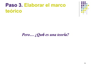 16
Paso 3. Elaborar el marco
teórico
Pero… ¿Qué es una teoría?
 