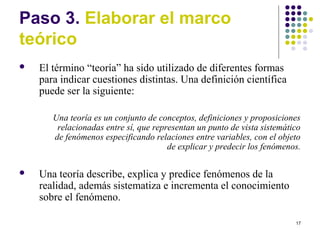 17
Paso 3. Elaborar el marco
teórico
 El término “teoría” ha sido utilizado de diferentes formas
para indicar cuestiones distintas. Una definición científica
puede ser la siguiente:
Una teoría es un conjunto de conceptos, definiciones y proposiciones
relacionadas entre sí, que representan un punto de vista sistemático
de fenómenos especificando relaciones entre variables, con el objeto
de explicar y predecir los fenómenos.
 Una teoría describe, explica y predice fenómenos de la
realidad, además sistematiza e incrementa el conocimiento
sobre el fenómeno.
 