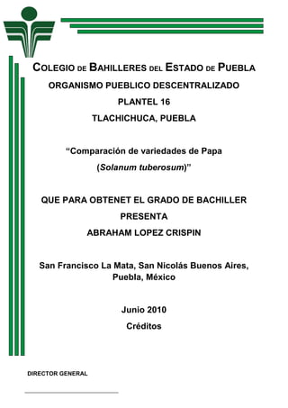 COLEGIO DE BAHILLERES DEL ESTADO DE PUEBLA
     ORGANISMO PUEBLICO DESCENTRALIZADO
                       PLANTEL 16
                   TLACHICHUCA, PUEBLA


          “Comparación de variedades de Papa
                   (Solanum tuberosum)”


   QUE PARA OBTENET EL GRADO DE BACHILLER
                        PRESENTA
               ABRAHAM LOPEZ CRISPIN


   San Francisco La Mata, San Nicolás Buenos Aires,
                   Puebla, México


                        Junio 2010
                         Créditos




DIRECTOR GENERAL
 