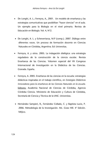 Adriana Ferreyra – Ana Lía De Longhi
124
• De Longhi, A. L.; Ferreyra, A., 2001. Un modelo de enseñanza y las
estrategias comunicativas que posibilitan “hacer ciencias” en el aula.
Un ejemplo para la Biología en el nivel primario. Revista de
Educación en Biología. Vol. 4, N°2.
• De Longhi, A. L. y Echeverriarza, M.P (comp.). 2007. Diálogo entre
diferentes voces. Un proceso de formación docente en Ciencias
Naturales en Córdoba, Argentina. Ed: Universitas.
• Ferreyra, A. y otros. 2005. La indagación dialógica: una estrategia
reguladora de la construcción de la ciencia escolar. Revista
Enseñanza de las Ciencias. Volumen especial del VII Congreso
Internacional de Investigación en la Didáctica de las Ciencias.
Granada. España.
• Ferreyra, A. 2005. Enseñanza de las ciencias en la escuela: estrategias
didácticas inspiradas en el trabajo científico, en Estategias Didácticas
Innovadoras para la enseñanza de las Ciencias Naturales en la escuela.
Editores: Academia Nacional de Ciencias de Córdoba, Agencia
Córdoba Ciencia. Ministerio de Educación y Cultura de Córdoba,
Secretaría de Ciencia y Técnica de la UNC. Universitas.
• Hernández Sampieri, R., Fernández Collado, C. y Baptista Lucio, P.
2006. Metodología de la Investigación. Mc. Graw Hill. 4° Edición.
Méjico.
 