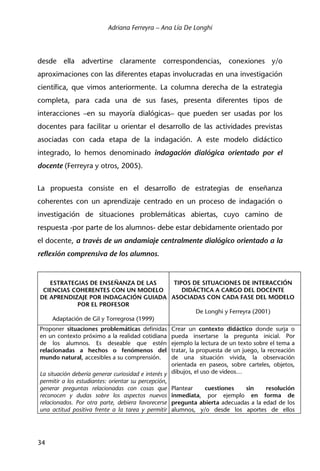 Adriana Ferreyra – Ana Lía De Longhi
34
desde ella advertirse claramente correspondencias, conexiones y/o
aproximaciones con las diferentes etapas involucradas en una investigación
científica, que vimos anteriormente. La columna derecha de la estrategia
completa, para cada una de sus fases, presenta diferentes tipos de
interacciones –en su mayoría dialógicas– que pueden ser usadas por los
docentes para facilitar u orientar el desarrollo de las actividades previstas
asociadas con cada etapa de la indagación. A este modelo didáctico
integrado, lo hemos denominado indagación dialógica orientado por el
docente (Ferreyra y otros, 2005).
La propuesta consiste en el desarrollo de estrategias de enseñanza
coherentes con un aprendizaje centrado en un proceso de indagación o
investigación de situaciones problemáticas abiertas, cuyo camino de
respuesta -por parte de los alumnos- debe estar debidamente orientado por
el docente, a través de un andamiaje centralmente dialógico orientado a la
reflexión comprensiva de los alumnos.
ESTRATEGIAS DE ENSEÑANZA DE LAS
CIENCIAS COHERENTES CON UN MODELO
DE APRENDIZAJE POR INDAGACIÓN GUIADA
POR EL PROFESOR
Adaptación de Gil y Torregrosa (1999)
TIPOS DE SITUACIONES DE INTERACCIÓN
DIDÁCTICA A CARGO DEL DOCENTE
ASOCIADAS CON CADA FASE DEL MODELO
De Longhi y Ferreyra (2001)
Proponer situaciones problemáticas definidas
en un contexto próximo a la realidad cotidiana
de los alumnos. Es deseable que estén
relacionadas a hechos o fenómenos del
mundo natural, accesibles a su comprensión.
La situación debería generar curiosidad e interés y
permitir a los estudiantes: orientar su percepción,
generar preguntas relacionadas con cosas que
reconocen y dudas sobre los aspectos nuevos
relacionados. Por otra parte, debiera favorecerse
una actitud positiva frente a la tarea y permitir
Crear un contexto didáctico donde surja o
pueda insertarse la pregunta inicial. Por
ejemplo la lectura de un texto sobre el tema a
tratar, la propuesta de un juego, la recreación
de una situación vivida, la observación
orientada en paseos, sobre carteles, objetos,
dibujos, el uso de videos…
Plantear cuestiones sin resolución
inmediata, por ejemplo en forma de
pregunta abierta adecuadas a la edad de los
alumnos, y/o desde los aportes de ellos
 