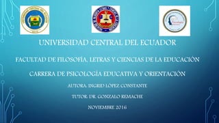 UNIVERSIDAD CENTRAL DEL ECUADOR
FACULTAD DE FILOSOFÍA, LETRAS Y CIENCIAS DE LA EDUCACIÓN
CARRERA DE PSICOLOGÍA EDUCATIVA Y ORIENTACIÓN
AUTORA: INGRID LÓPEZ CONSTANTE
TUTOR: DR. GONZALO REMACHE
NOVIEMBRE 2016
 