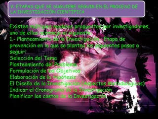 Existen múltiples modelos propuestos por investigadores, uno de ellos aconseja el siguiente:  1.- Planteamiento de la Investigación : Etapa de prevención en la que se plantea los siguientes pasos a seguir:  Selección del Tema  Planteamiento del Problema  Formulación de los Objetivos  Elaboración de la Hipótesis  El Diseño de la Investigación (Aspectos Metodológicos)  Indicar el Cronograma de la Investigación  Planificar los costos de la Investigación.    V: ETAPAS QUE SE SUGUIERE SEGUIR EN EL PROCESO DE LA INVESTIGACIÓN CIENTÍFICA  