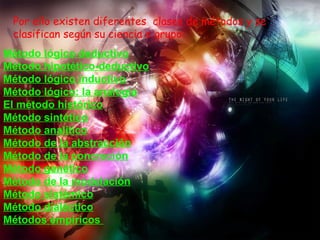 Método lógico deductivo Método hipotético-deductivo Método lógico inductivo Método lógico: la analogía El método histórico Método sintético Método analítico Método de la abstracción Método de la concreción Método genético Método de la modelación Método sistémico Método dialéctico Métodos empiricos     Por ello existen diferentes  clases de métodos y se clasifican según su ciencia o grupo: 