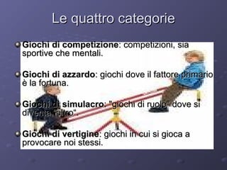 Le quattro categorie
Giochi di competizione: competizioni, sia
sportive che mentali.
Giochi di azzardo: giochi dove il fattore primario
è la fortuna.
Giochi di simulacro: "giochi di ruolo" dove si
diventa "altro“.
Giochi di vertigine: giochi in cui si gioca a
provocare noi stessi.

 