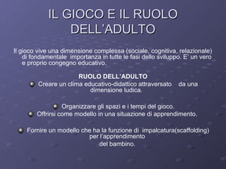 IL GIOCO E IL RUOLO
DELL’ADULTO
Il gioco vive una dimensione complessa (sociale, cognitiva, relazionale)
di fondamentale importanza in tutte le fasi dello sviluppo. E’ un vero
e proprio congegno educativo.
RUOLO DELL’ADULTO
Creare un clima educativo-didattico attraversato
dimensione ludica.

da una

Organizzare gli spazi e i tempi del gioco.
Offrirsi come modello in una situazione di apprendimento.
Fornire un modello che ha la funzione di impalcatura(scaffolding)
per l’apprendimento
del bambino.

 