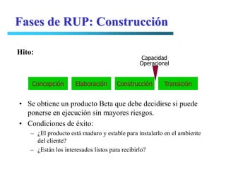 Fases de RUP: Construcción

Hito:
                                              Capacidad
                                              Operacional


    Concepción       Elaboración     Construcción       Transición


• Se obtiene un producto Beta que debe decidirse si puede
  ponerse en ejecución sin mayores riesgos.
• Condiciones de éxito:
    – ¿El producto está maduro y estable para instalarlo en el ambiente
      del cliente?
    – ¿Están los interesados listos para recibirlo?
 