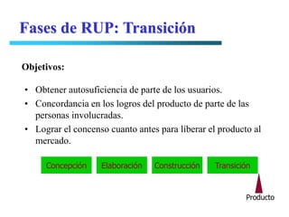 Fases de RUP: Transición

Objetivos:

• Obtener autosuficiencia de parte de los usuarios.
• Concordancia en los logros del producto de parte de las
  personas involucradas.
• Lograr el concenso cuanto antes para liberar el producto al
  mercado.

     Concepción    Elaboración   Construcción    Transición


                                                         Producto
 