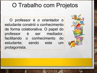 O Trabalho com Projetos
O professor é o orientador o
estudante constrói o conhecimento
de forma colaborativa. O papel do
professor é ser mediador,
facilitando o conhecimento do
estudante; sendo este um
protagonista.
 