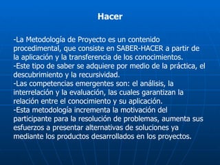 Hacer -La Metodología de Proyecto es un contenido procedimental, que consiste en SABER-HACER a partir de la aplicación y la transferencia de los conocimientos.  -Este tipo de saber se adquiere por medio de la práctica, el descubrimiento y la recursividad.  -Las competencias emergentes son: el análisis, la interrelación y la evaluación, las cuales garantizan la relación entre el conocimiento y su aplicación.  -Esta metodología incrementa la motivación del participante para la resolución de problemas, aumenta sus esfuerzos a presentar alternativas de soluciones ya mediante los productos desarrollados en los proyectos. 