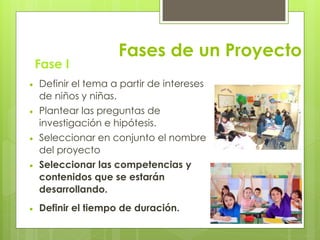 Fases de un Proyecto
 Definir el tema a partir de intereses
de niños y niñas.
 Plantear las preguntas de
investigación e hipótesis.
 Seleccionar en conjunto el nombre
del proyecto
 Seleccionar las competencias y
contenidos que se estarán
desarrollando.
 Definir el tiempo de duración.
Fase I
 