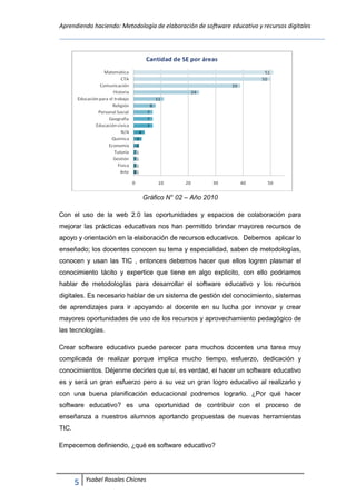 Aprendiendo haciendo: Metodología de elaboración de software educativo y recursos digitales
5 Ysabel Rosales Chicnes
Gráfico N° 02 – Año 2010
Con el uso de la web 2.0 las oportunidades y espacios de colaboración para
mejorar las prácticas educativas nos han permitido brindar mayores recursos de
apoyo y orientación en la elaboración de recursos educativos. Debemos aplicar lo
enseñado; los docentes conocen su tema y especialidad, saben de metodologías,
conocen y usan las TIC , entonces debemos hacer que ellos logren plasmar el
conocimiento tácito y expertice que tiene en algo explicito, con ello podriamos
hablar de metodologías para desarrollar el software educativo y los recursos
digitales. Es necesario hablar de un sistema de gestión del conocimiento, sistemas
de aprendizajes para ir apoyando al docente en su lucha por innovar y crear
mayores oportunidades de uso de los recursos y aprovechamiento pedagógico de
las tecnologías.
Crear software educativo puede parecer para muchos docentes una tarea muy
complicada de realizar porque implica mucho tiempo, esfuerzo, dedicación y
conocimientos. Déjenme decirles que sí, es verdad, el hacer un software educativo
es y será un gran esfuerzo pero a su vez un gran logro educativo al realizarlo y
con una buena planificación educacional podremos lograrlo. ¿Por qué hacer
software educativo? es una oportunidad de contribuir con el proceso de
enseñanza a nuestros alumnos aportando propuestas de nuevas herramientas
TIC.
Empecemos definiendo, ¿qué es software educativo?
 