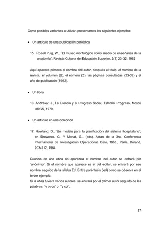 17 
Como posibles variantes a utilizar, presentamos los siguientes ejemplos: 
• Un artículo de una publicación periódica 
15. Rosell Puig, W., ¨El museo morfológico como medio de enseñanza de la 
anatomía¨. Revista Cubana de Educación Superior. 2(3) 23-32, 1982 
Aquí aparece primero el nombre del autor, después el título, el nombre de la 
revista, el volumen (2), el número (3), las páginas consultadas (23-32) y el 
año de publicación (1982). 
• Un libro 
13. Andréiev, J., La Ciencia y el Progreso Social, Editorial Progreso, Moscú 
URSS, 1979. 
• Un artículo en una colección 
17. Howland, D., ¨Un modelo para la planificación del sistema hospitalario¨, 
en Dreweras, G. Y Morlat, G., (eds). Actas de la 3ra. Conferencia 
Internacional de Investigación Operacional, Oslo, 1963., París, Durand, 
203-212, 1964 
Cuando en una obra no aparezca el nombre del autor se entrará por 
¨anónimo¨. Si el nombre que aparece es el del editor, se entrará por ese 
nombre seguido de la sílaba Ed. Entre paréntesis (ed) como se observa en el 
tercer ejemplo. 
Si la obra tuviera varios autores, se entrará por el primer autor seguido de las 
palabras ¨y otros¨ o ¨y col¨. 
 