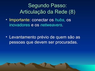 Segundo Passo: Articulação da Rede (8) Importante:  conectar os  hubs ,  os  inovadores  e os  netweavers . Levantamento prévio de quem são as pessoas que devem ser procuradas. 