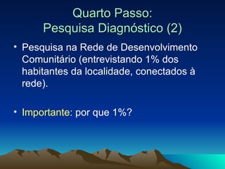 Quarto Passo: Pesquisa Diagnóstico (2) Pesquisa na Rede de Desenvolvimento Comunitário (entrevistando 1% dos habitantes da localidade, conectados à rede). Importante:  por que 1%? 