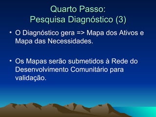 Quarto Passo: Pesquisa Diagnóstico (3) O Diagnóstico gera => Mapa dos Ativos e Mapa das Necessidades. Os Mapas serão submetidos à Rede do Desenvolvimento Comunitário para validação.  
