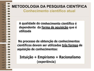 METODOLOGIA DA PESQUISA CIENTÍFICA
Conhecimento científico atual
 