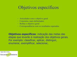 Objetivos específicos Articulados com o objetivo geral Concretos, mais delimitados Refina o objetivo geral Correspondência com os resultados esperados Objetivos específicos : indicação das metas das etapas que levarão à realização dos objetivos gerais. Por exemplo: classificar, aplicar, distinguir, enumerar, exemplificar, selecionar,  