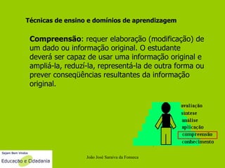 João José Saraiva da Fonseca Técnicas de ensino e domínios de aprendizagem Compreensão : requer elaboração (modificação) de um dado ou informação original. O estudante deverá ser capaz de usar uma informação original e ampliá-la, reduzí-la, representá-la de outra forma ou prever conseqüências resultantes da informação original.     