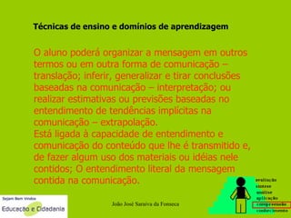 João José Saraiva da Fonseca O aluno poderá organizar a mensagem em outros termos ou em outra forma de comunicação – translação; inferir, generalizar e tirar conclusões baseadas na comunicação – interpretação; ou realizar estimativas ou previsões baseadas no entendimento de tendências implícitas na comunicação – extrapolação. Está ligada à capacidade de entendimento e comunicação do conteúdo que lhe é transmitido e, de fazer algum uso dos materiais ou idéias nele contidos; O entendimento literal da mensagem contida na comunicação. Técnicas de ensino e domínios de aprendizagem 