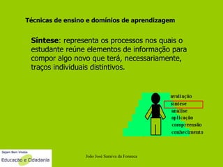 João José Saraiva da Fonseca Técnicas de ensino e domínios de aprendizagem Síntese : representa os processos nos quais o estudante reúne elementos de informação para compor algo novo que terá, necessariamente, traços individuais distintivos.     