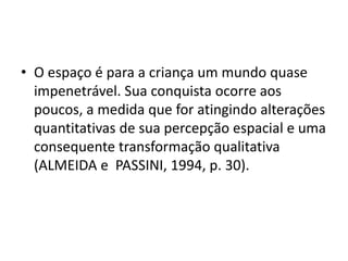 • O espaço é para a criança um mundo quase 
impenetrável. Sua conquista ocorre aos 
poucos, a medida que for atingindo alterações 
quantitativas de sua percepção espacial e uma 
consequente transformação qualitativa 
(ALMEIDA e PASSINI, 1994, p. 30). 
 