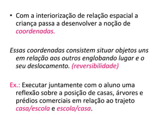 • Com a interiorização de relação espacial a 
criança passa a desenvolver a noção de 
coordenadas. 
Essas coordenadas consistem situar objetos uns 
em relação aos outros englobando lugar e o 
seu deslocamento. (reversibilidade) 
Ex.: Executar juntamente com o aluno uma 
reflexão sobre a posição de casas, árvores e 
prédios comerciais em relação ao trajeto 
casa/escola e escola/casa. 
 
