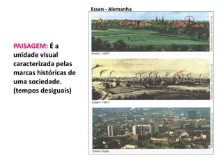 PAISAGEM: É a 
unidade visual 
caracterizada pelas 
marcas históricas de 
uma sociedade. 
(tempos desiguais) 
Essen - Alemanha 
 