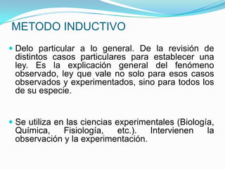 ¿CARACTERISTICAS DEL METODO?Es sistemático, incluye las técnicas y los instrumentos necesarios para alcanzar un objetivo.Es universal, sus procesos son iguales en todas las ciencias.Es factico, centra su atención en los hechos .Trasciende los hechos por el investigador, agota la realidad.Verifica de forma empírica (experimentos, objetos de campo, experiencias).