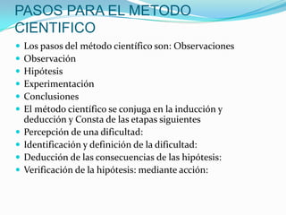 METODO INDUCTIVODelo particular a lo general. De la revisión de distintos casos particulares para establecer una ley. Es la explicación general del fenómeno observado, ley que vale no solo para esos casos observados y experimentados, sino para todos los de su especie.Se utiliza en las ciencias experimentales (Biología, Química, Fisiología, etc.). Intervienen la observación y la experimentación.