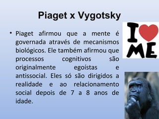 Piaget x Vygotsky
• Piaget afirmou que a mente é
governada através de mecanismos
biológicos. Ele também afirmou que
processos cognitivos são
originalmente egoístas e
antissocial. Eles só são dirigidos a
realidade e ao relacionamento
social depois de 7 a 8 anos de
idade.
 