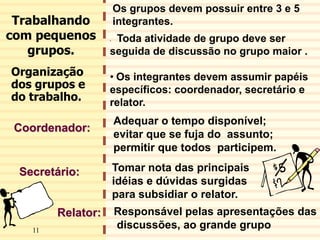 11
• Toda atividade de grupo deve ser
seguida de discussão no grupo maior .
• Os integrantes devem assumir papéis
específicos: coordenador, secretário e
relator.
Trabalhando
com pequenos
grupos.
Os grupos devem possuir entre 3 e 5
integrantes.
Organização
dos grupos e
do trabalho.
Coordenador:
Adequar o tempo disponível;
evitar que se fuja do assunto;
permitir que todos participem.
Secretário:
Relator: Responsável pelas apresentações das
discussões, ao grande grupo
Tomar nota das principais
idéias e dúvidas surgidas
para subsidiar o relator.
11
 