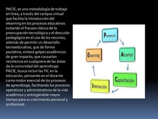 PACIE, es una metodología de trabajo
en línea, a través del campus virtual
que facilita la introducción del
elearning en los procesos educativos
evitando el fracaso clásico de la
preocupación tecnológica y el descuido
pedagógico en el uso de los recursos,
además de permitir un desarrollo
tecnoeducativo, que de forma
paulatina, evitará golpes académicos
de gran impacto, que causarían
resistencia en cualquiera de las áreas
de la comunidad del aprendizaje.
PACIE, busca incluir lasTIC en la
educación, pensando en el docente
como motor esencial de los procesos
de aprendizaje, facilitando los procesos
operativos y administrativos de la vida
académica y entregándole mayor
tiempo para su crecimiento personal y
profesional.
 