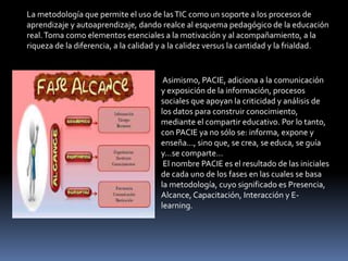 Asimismo, PACIE, adiciona a la comunicación
y exposición de la información, procesos
sociales que apoyan la criticidad y análisis de
los datos para construir conocimiento,
mediante el compartir educativo. Por lo tanto,
con PACIE ya no sólo se: informa, expone y
enseña..., sino que, se crea, se educa, se guía
y...se comparte...
El nombre PACIE es el resultado de las iniciales
de cada uno de los fases en las cuales se basa
la metodología, cuyo significado es Presencia,
Alcance, Capacitación, Interacción y E-
learning.
La metodología que permite el uso de lasTIC como un soporte a los procesos de
aprendizaje y autoaprendizaje, dando realce al esquema pedagógico de la educación
real.Toma como elementos esenciales a la motivación y al acompañamiento, a la
riqueza de la diferencia, a la calidad y a la calidez versus la cantidad y la frialdad.
 