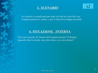 6
Franco Bellezza- 2006Franco Bellezza- 2006
3. SCENARIO
Lo scenario va analizzato per tutto ciò che ha a che fare con
l’organizzazione in esame, e per le linee di sviluppo possibili.
Che cosa succede all’interno dell’organizzazione? Il disagio
riguarda tutta la scuola, una sola classe o un solo alunno?
4. SITUAZIONE INTERNA
3
 