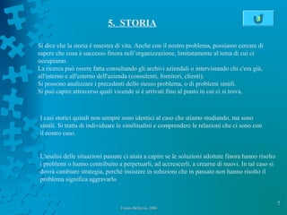 7
Franco Bellezza- 2006Franco Bellezza- 2006
5. STORIA
Si dice che la storia è maestra di vita. Anche con il nostro problema, possiamo cercare di
sapere che cosa è successo finora nell’organizzazione, limitatamente al tema di cui ci
occupiamo.
La ricerca può essere fatta consultando gli archivi aziendali o intervistando chi c'era già,
all'interno e all'esterno dell'azienda (consulenti, fornitori, clienti).
Si possono analizzare i precedenti dello stesso problema, o di problemi simili.
Si può capire attraverso quali vicende si è arrivati fino al punto in cui ci si trova.
I casi storici quindi non sempre sono identici al caso che stiamo studiando, ma sono
simili. Si tratta di individuare le similitudini e comprendere le relazioni che ci sono con
il nostro caso.
L'analisi delle situazioni passate ci aiuta a capire se le soluzioni adottate finora hanno risolto
i problemi o hanno contribuito a perpetuarli, ad accrescerli, a crearne di nuovi. In tal caso si
dovrà cambiare strategia, perché insistere in soluzioni che in passato non hanno risolto il
problema significa aggravarlo
3
 